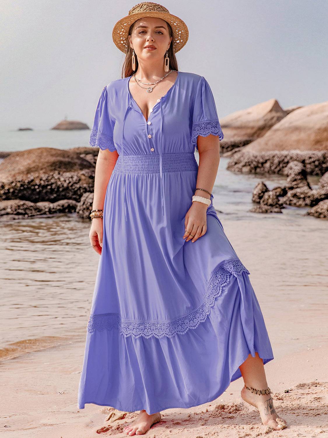 Plus Size Lace Detail Tie Neck Short Sleeve Maxi Dress - Carri's Cache