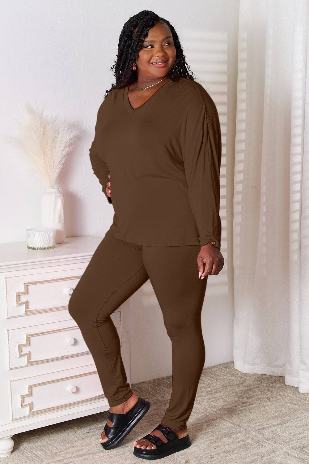 Basic Bae Full Size V-Neck Soft Rayon Long Sleeve Top and Pants Lounge Set - Carri's Cache