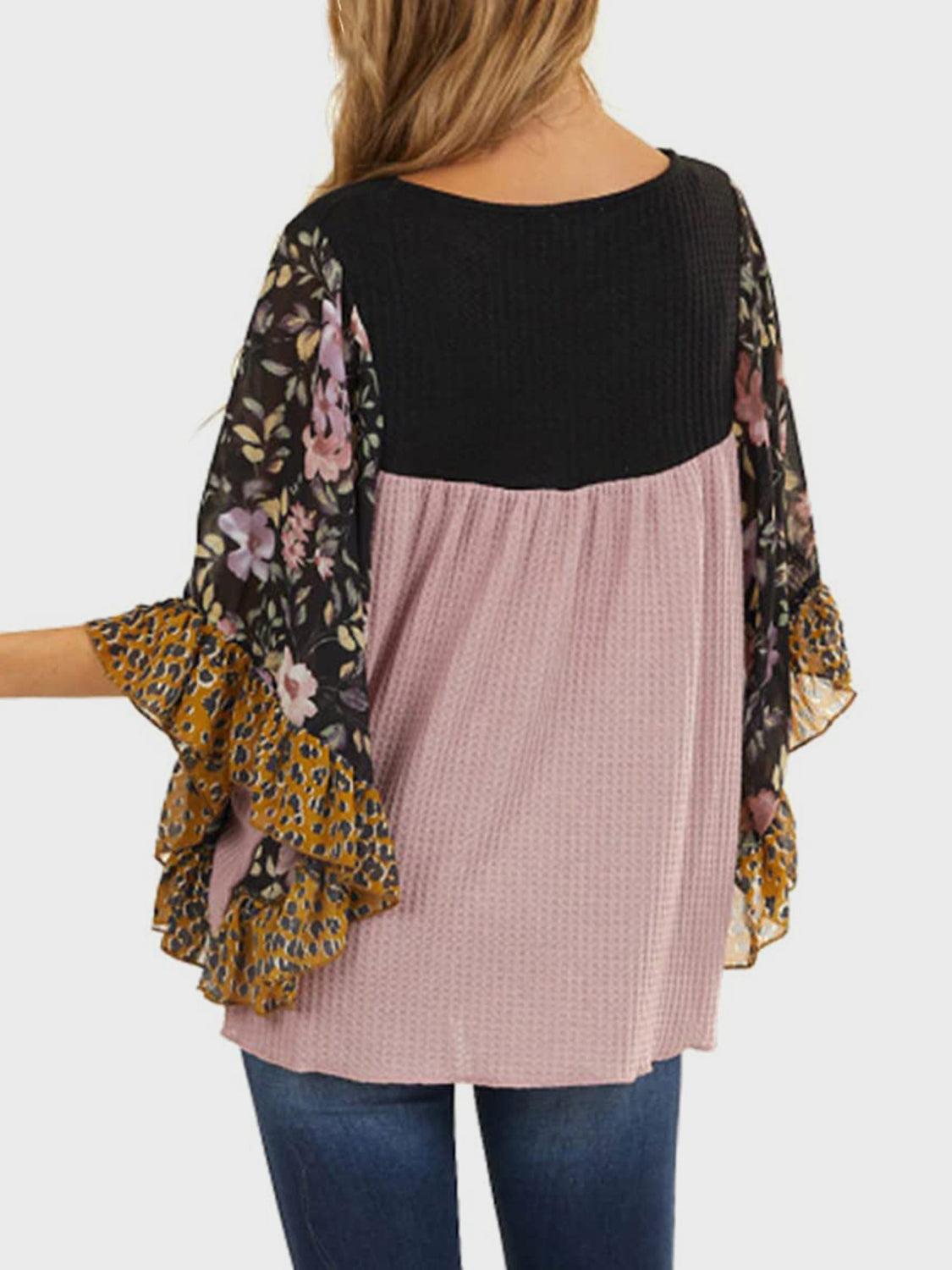 Full Size Printed Round Neck Three-Quarter Sleeve Blouse - Carri's Cache