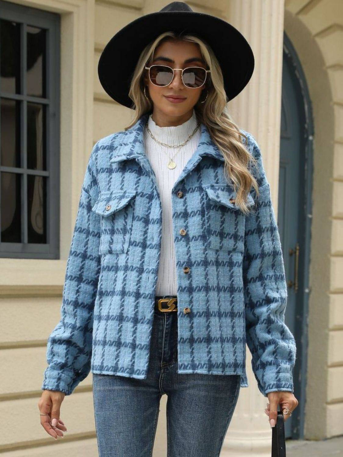 Plaid Collared Neck Long Sleeve Jacket - Carri's Cache