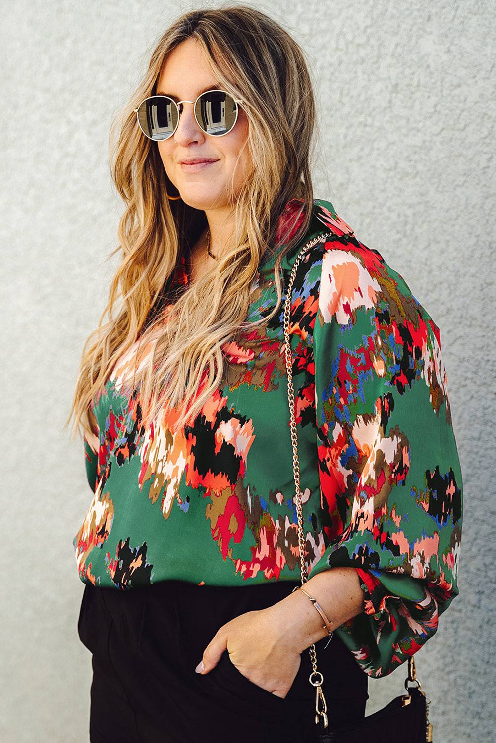 Plus Size Printed Johnny Collar Long Sleeve Blouse - Carri's Cache
