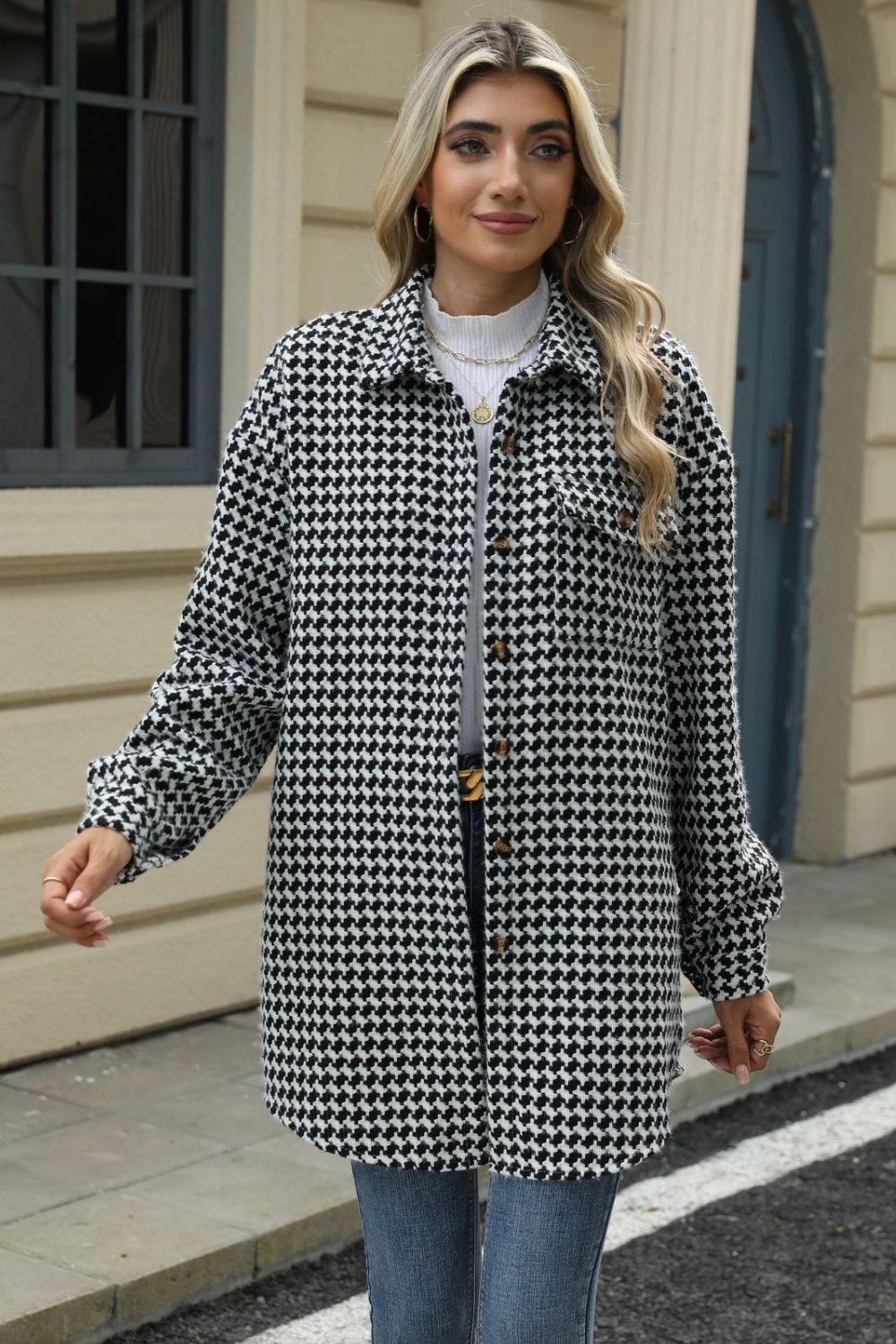 Houndstooth Button Up Dropped Shoulder Coat - Carri's Cache