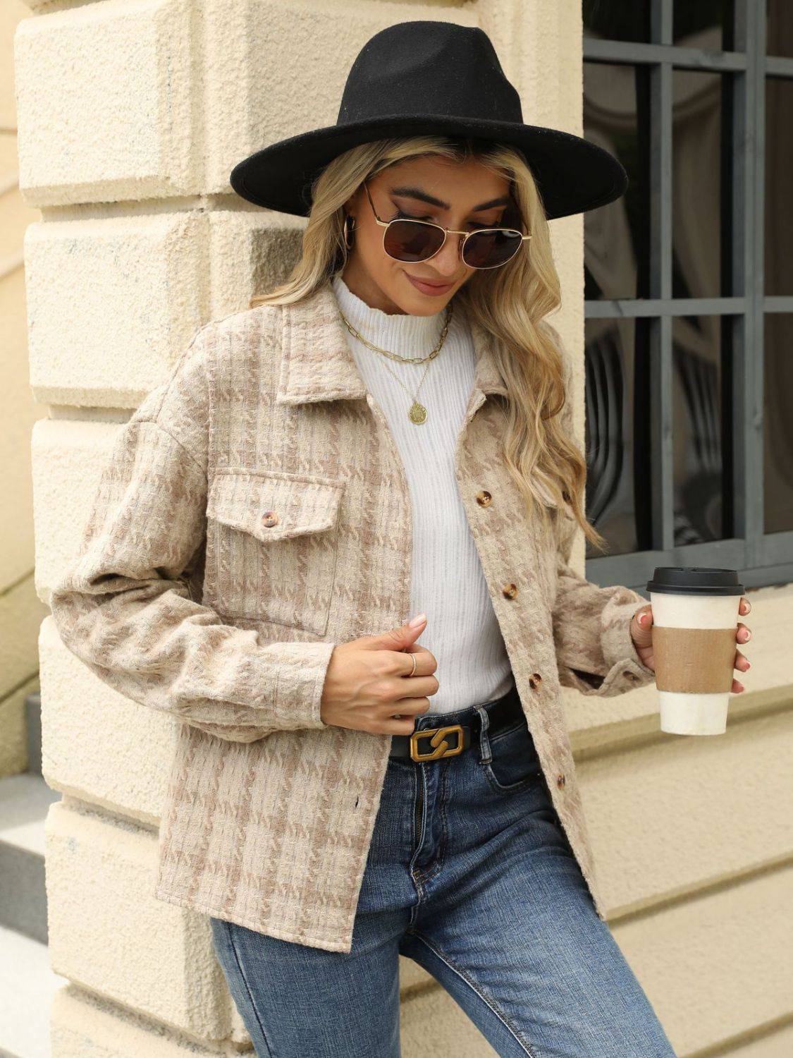 Plaid Collared Neck Long Sleeve Jacket - Carri's Cache