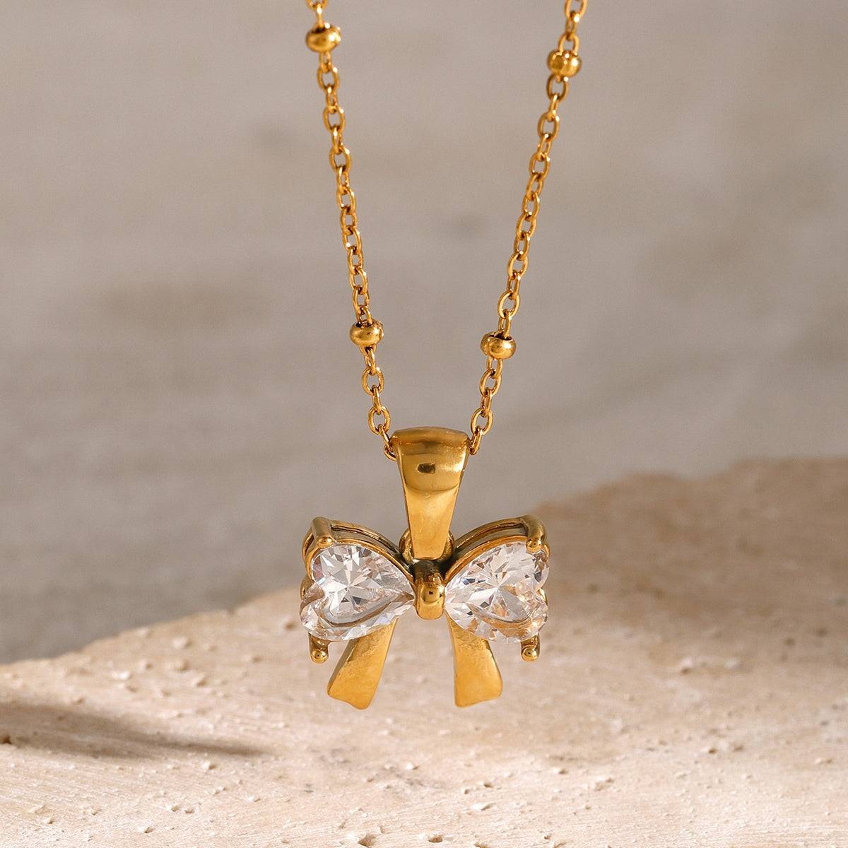 Stainless Steel Inlaid Zircon Bow Necklace - Carri's Cache