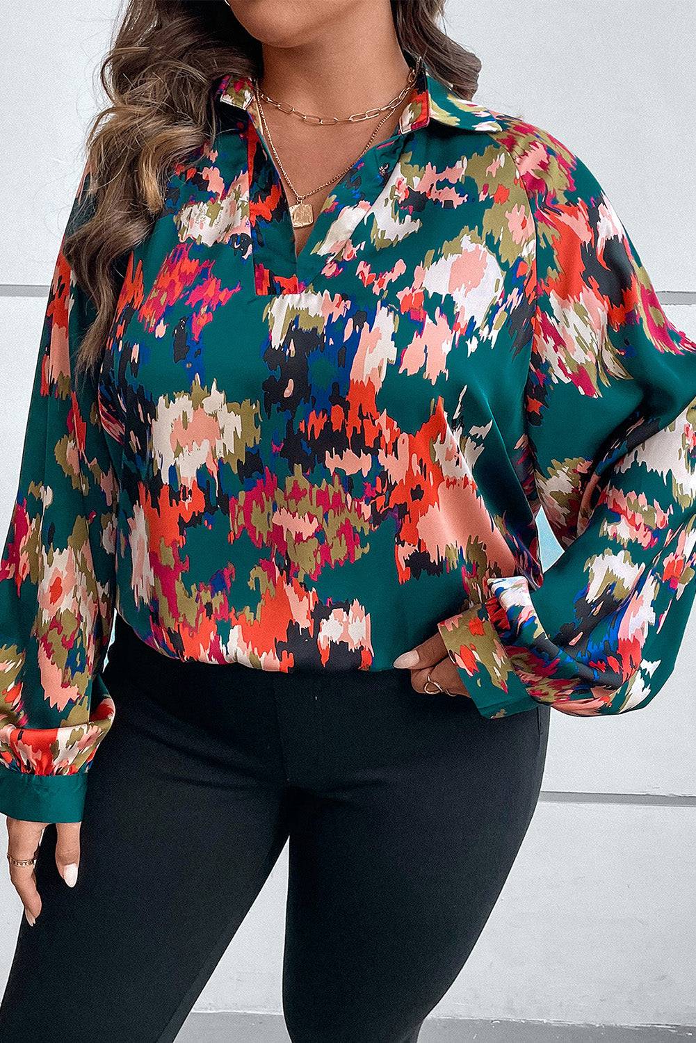 Plus Size Printed Johnny Collar Long Sleeve Blouse - Carri's Cache