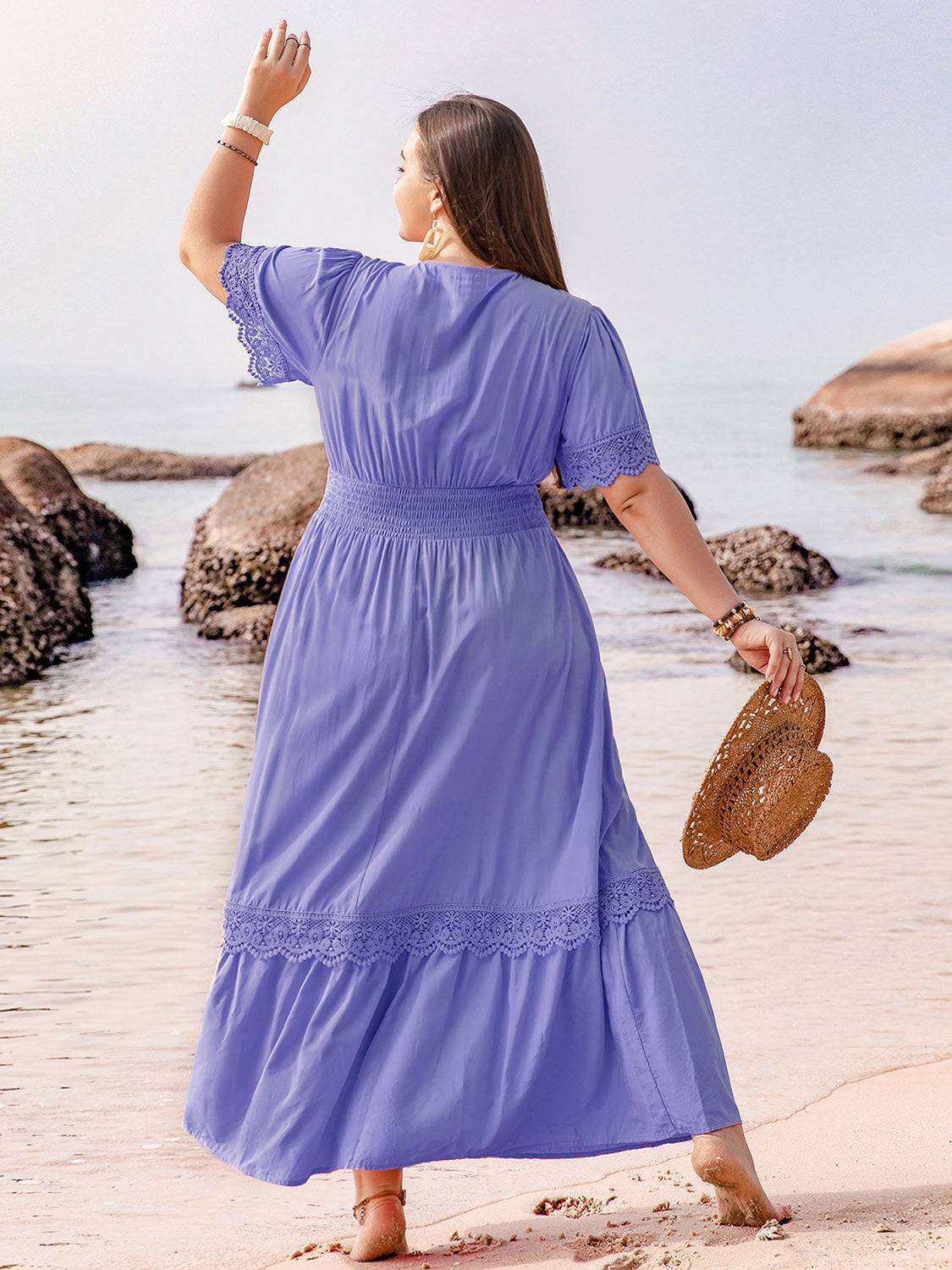 Plus Size Lace Detail Tie Neck Short Sleeve Maxi Dress - Carri's Cache