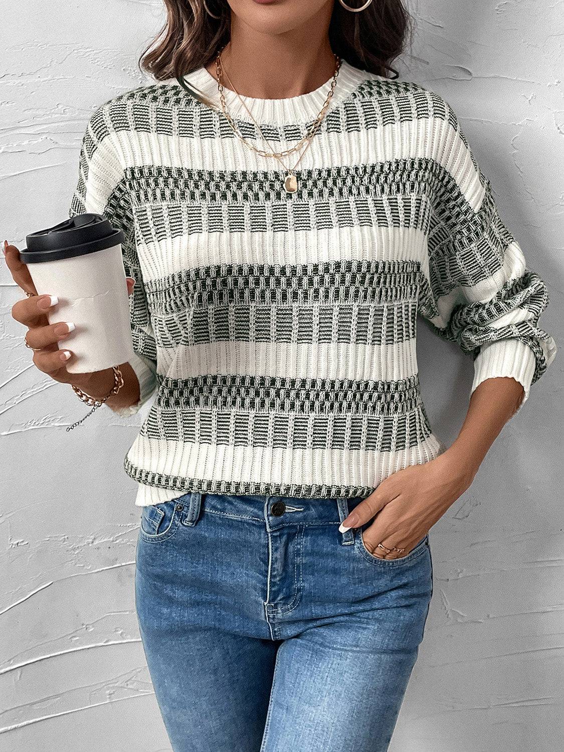 Perfee Contrast Round Neck Long Sleeve Sweater - Carri's Cache