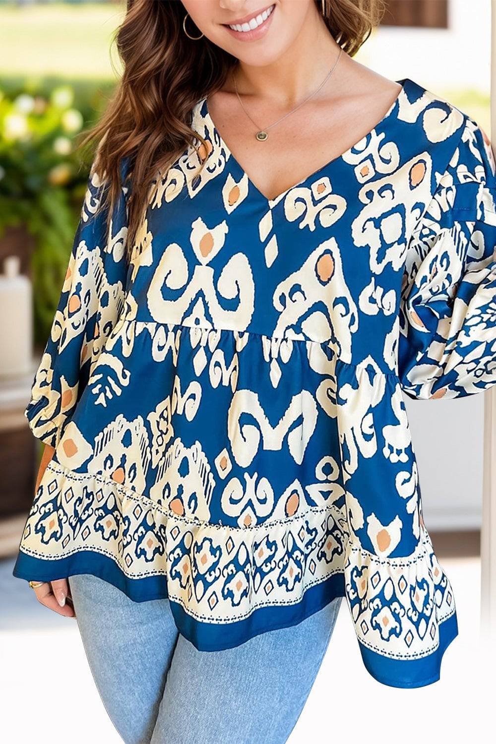 Printed V-Neck Three-Quarter Sleeve Blouse - Carri's Cache