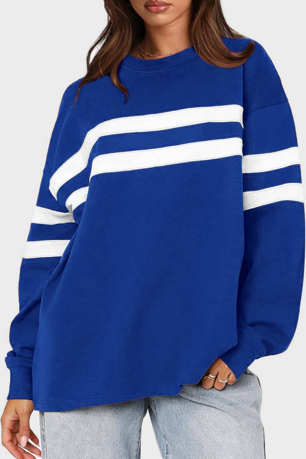 Lovelet Striped Round Neck Dropped Shoulder Sweatshirt - Carri's Cache