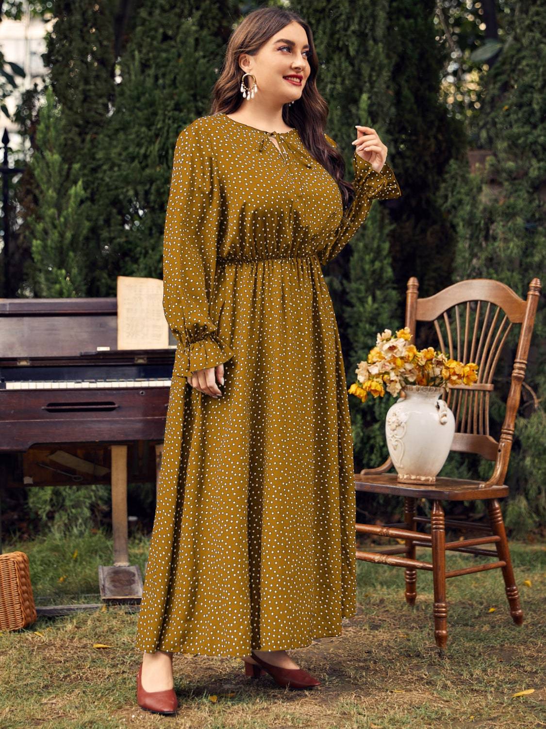 Honey Plus Size Ruffled Polka Dot Long Sleeve Midi Dress - Carri's Cache