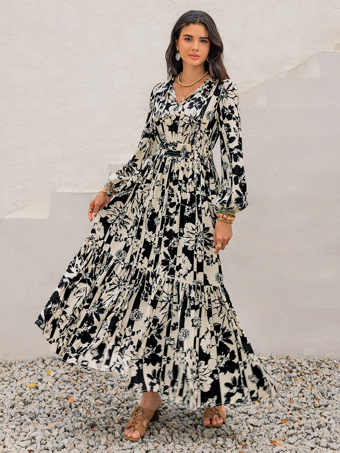 Smocked Printed Tie Neck Long Sleeve Dress - Carri's Cache