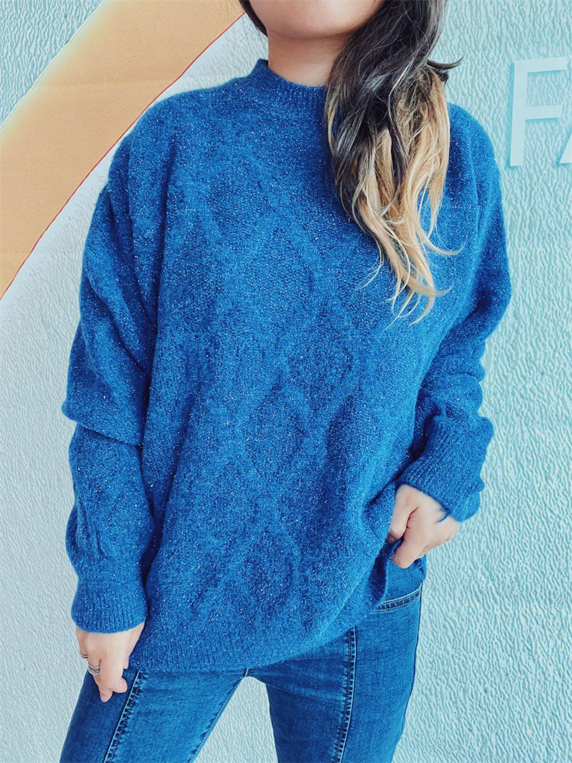 Diamond Round Neck Long Sleeve Sweater - Carri's Cache