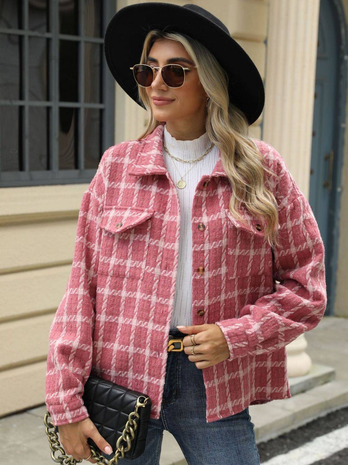 Plaid Collared Neck Long Sleeve Jacket - Carri's Cache