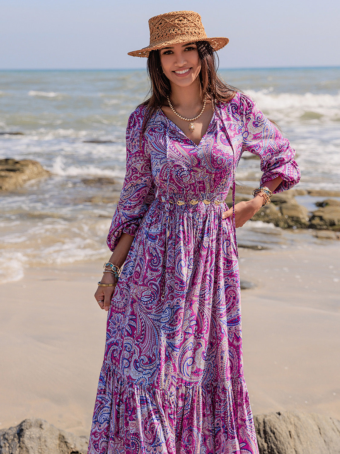 Printed Tie Neck Balloon Sleeve Maxi Dress - Carri's Cache