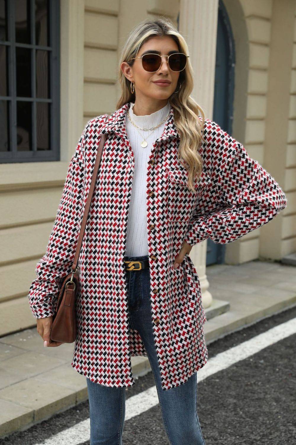 Houndstooth Button Up Dropped Shoulder Coat - Carri's Cache