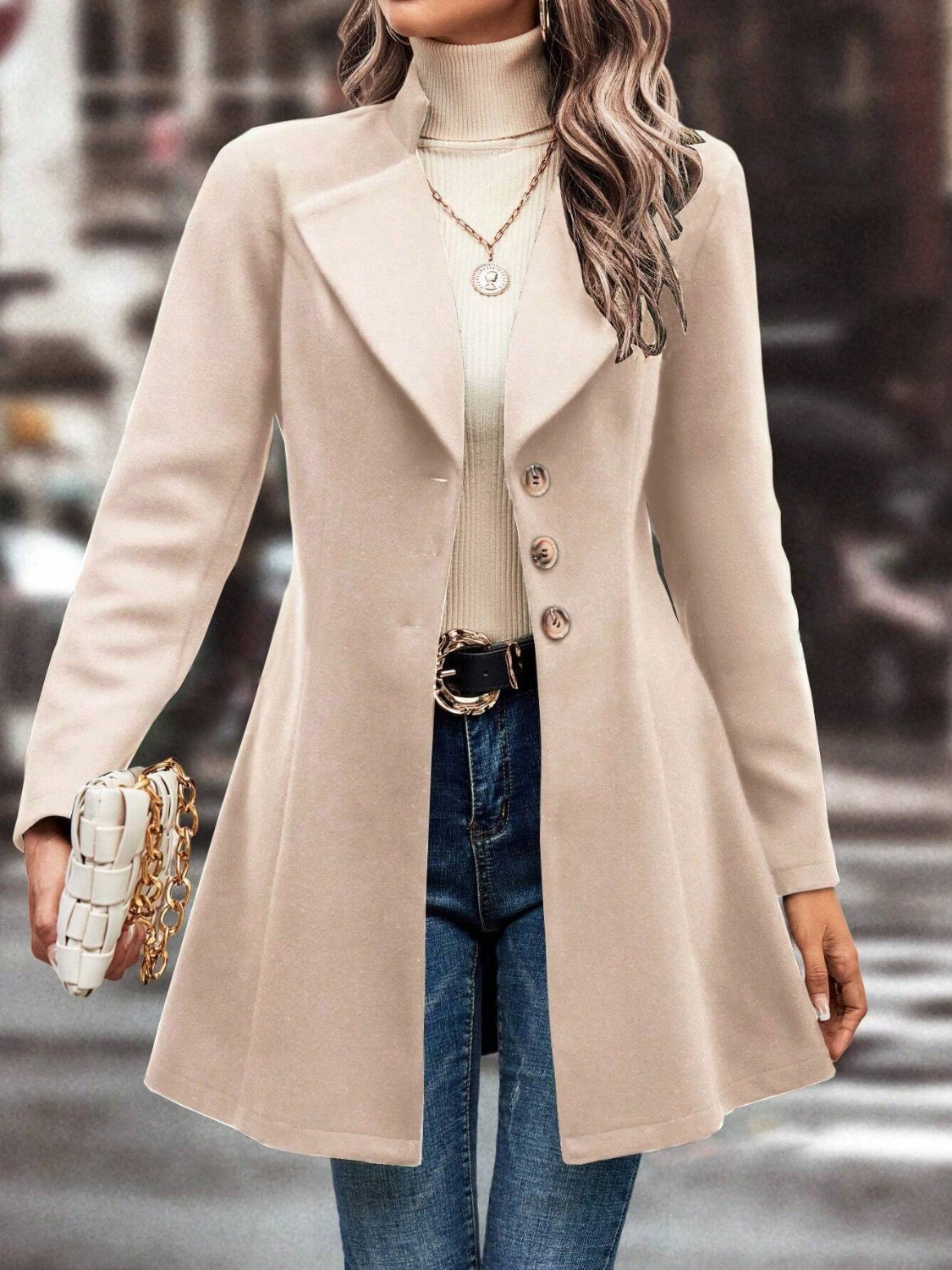 Collared Neck Long Sleeve Longline Coat - Carri's Cache