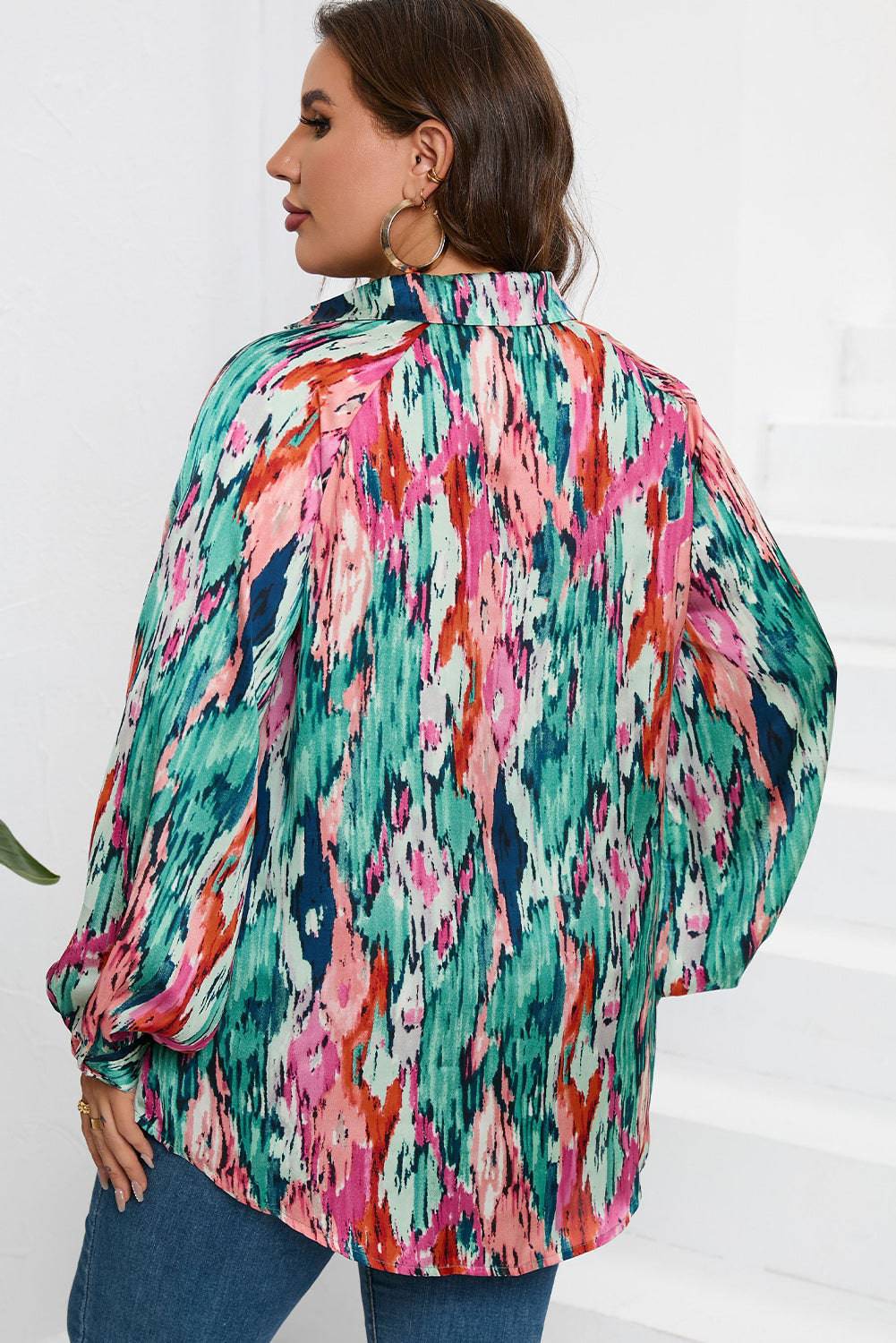 Plus Size Printed Johnny Collar Long Sleeve Blouse - Carri's Cache