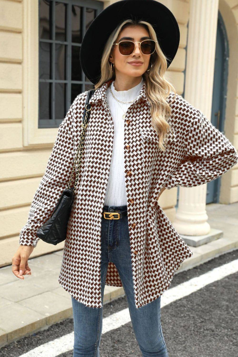 Houndstooth Button Up Dropped Shoulder Coat - Carri's Cache