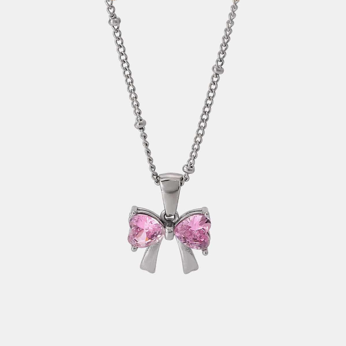 Stainless Steel Inlaid Zircon Bow Necklace - Carri's Cache