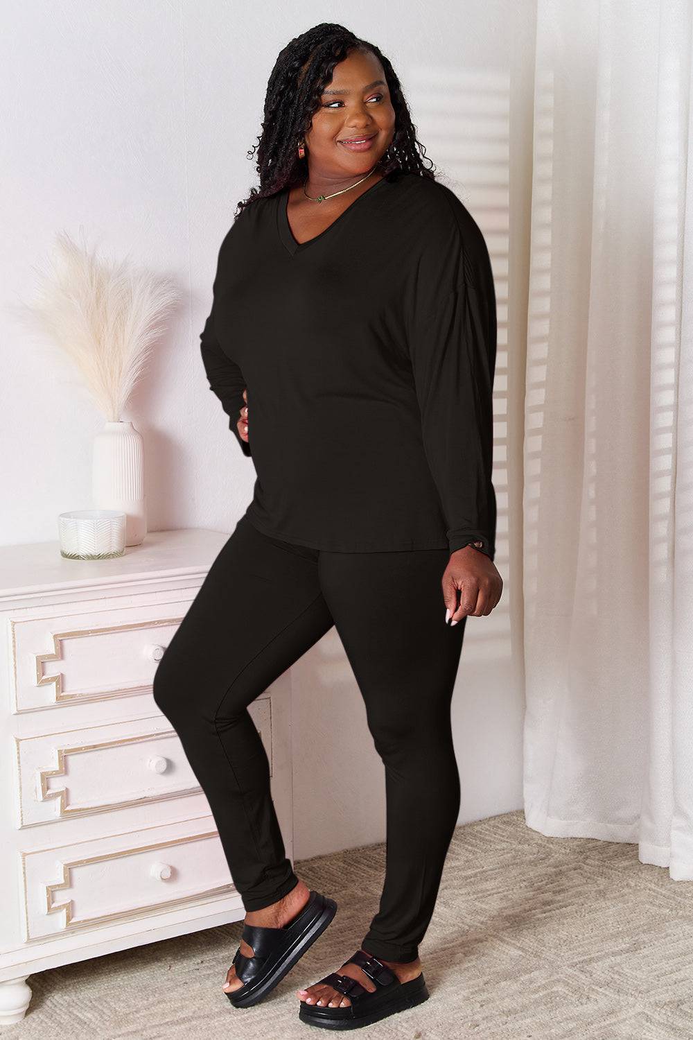 Basic Bae Full Size V-Neck Soft Rayon Long Sleeve Top and Pants Lounge Set - Carri's Cache