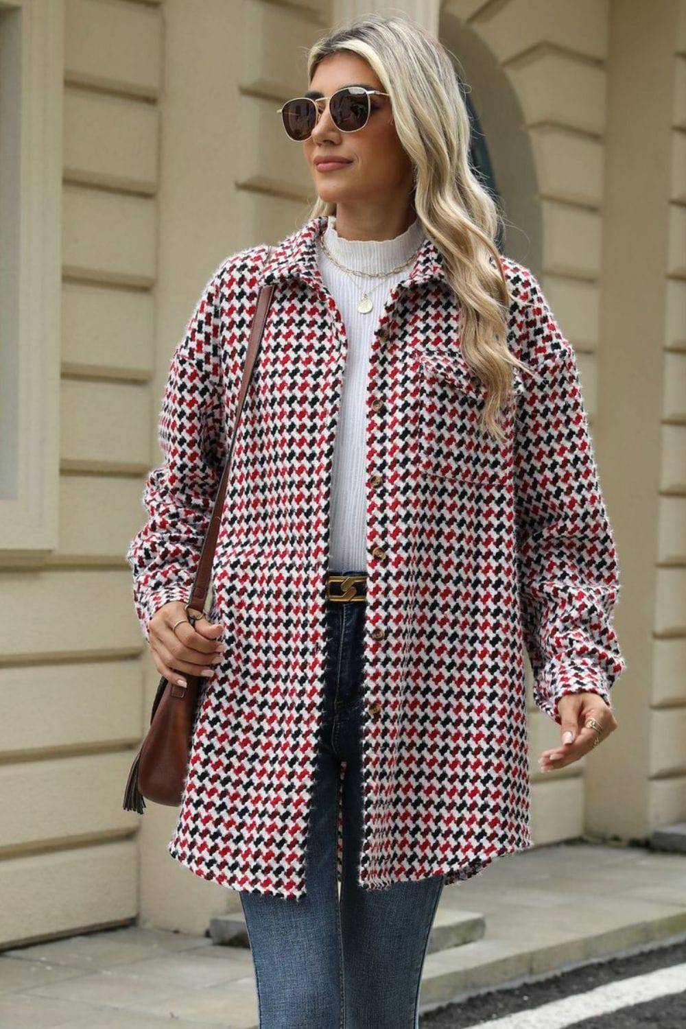 Houndstooth Button Up Dropped Shoulder Coat - Carri's Cache