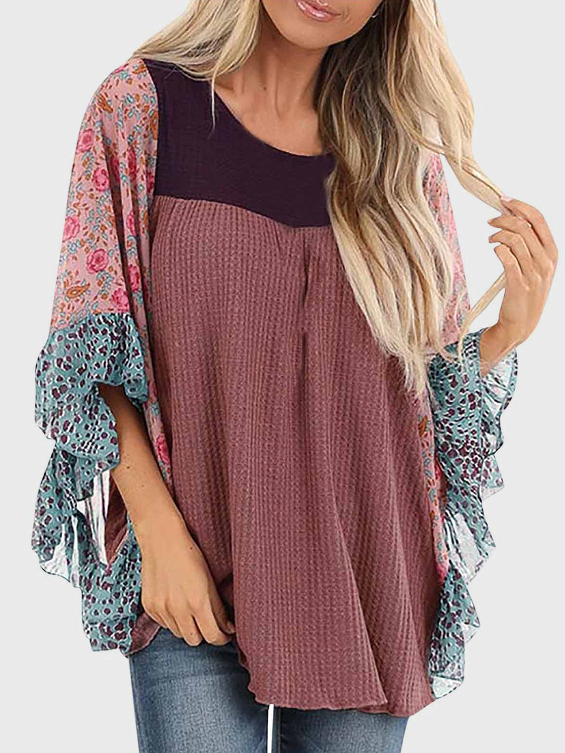 Full Size Printed Round Neck Three-Quarter Sleeve Blouse - Carri's Cache