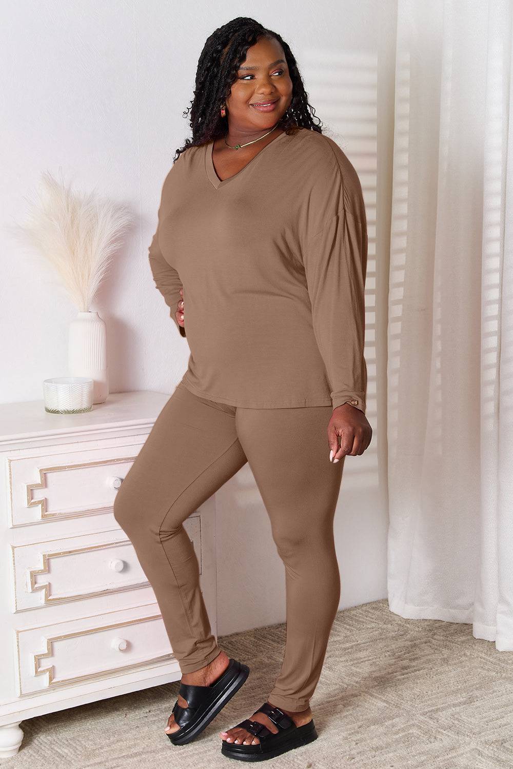 Basic Bae Full Size V-Neck Soft Rayon Long Sleeve Top and Pants Lounge Set - Carri's Cache