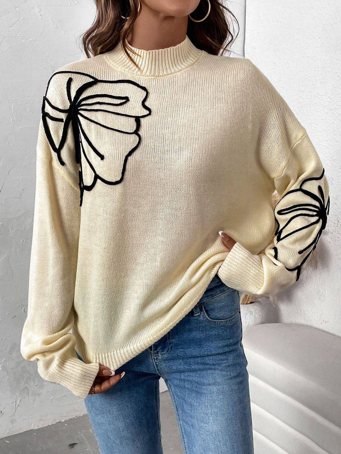 Perfee Mock Neck Dropped Shoulder Long Sleeve Sweater - Carri's Cache