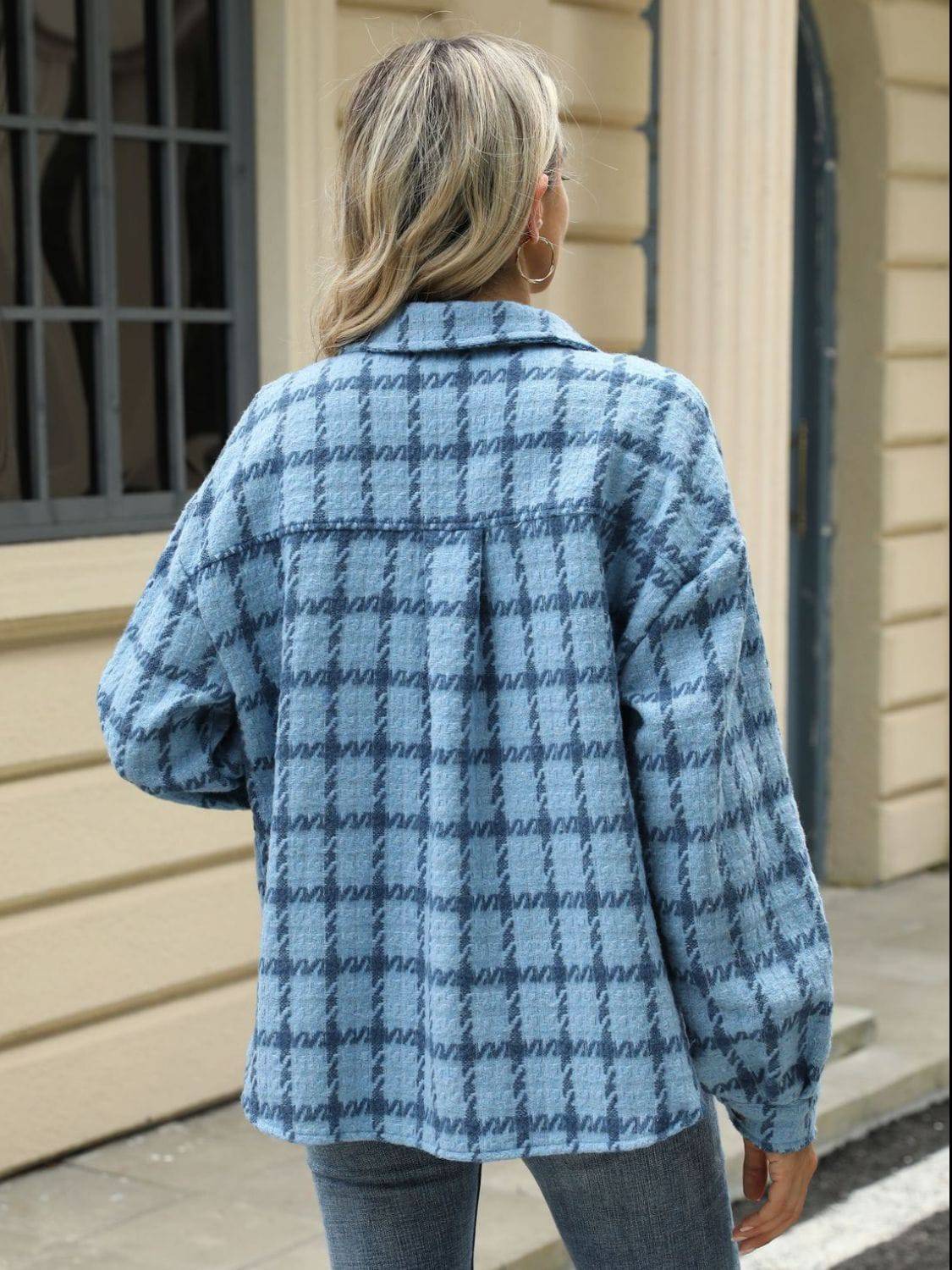 Plaid Collared Neck Long Sleeve Jacket - Carri's Cache