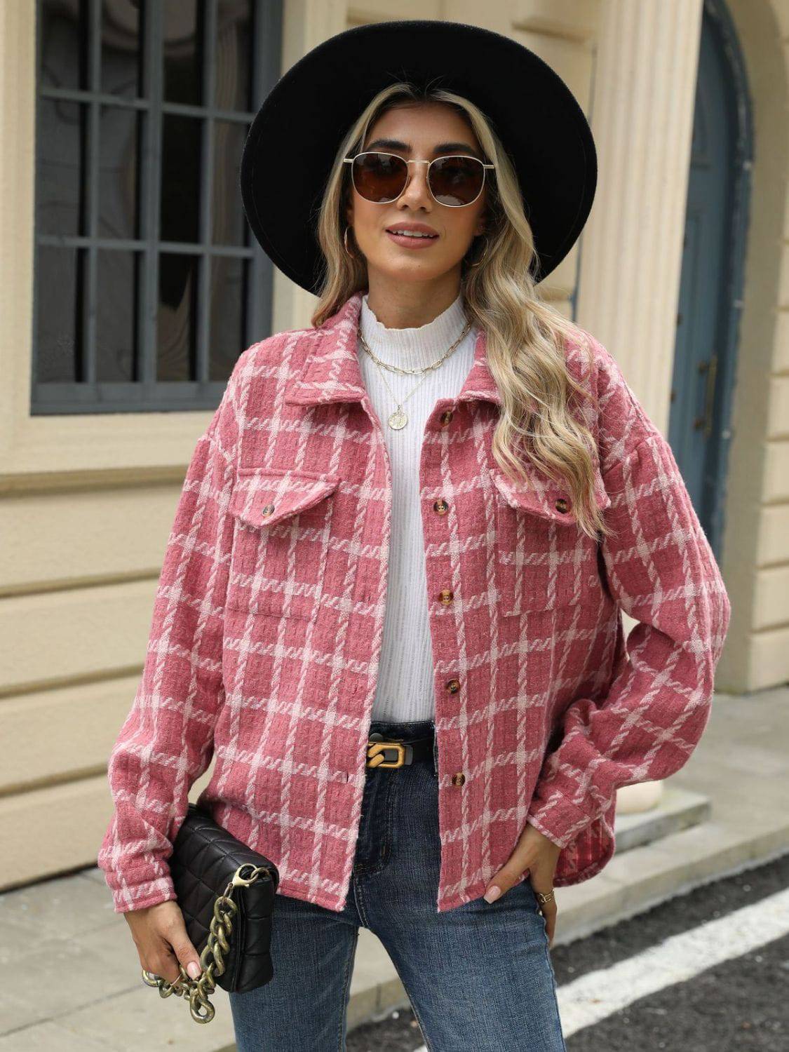 Plaid Collared Neck Long Sleeve Jacket - Carri's Cache