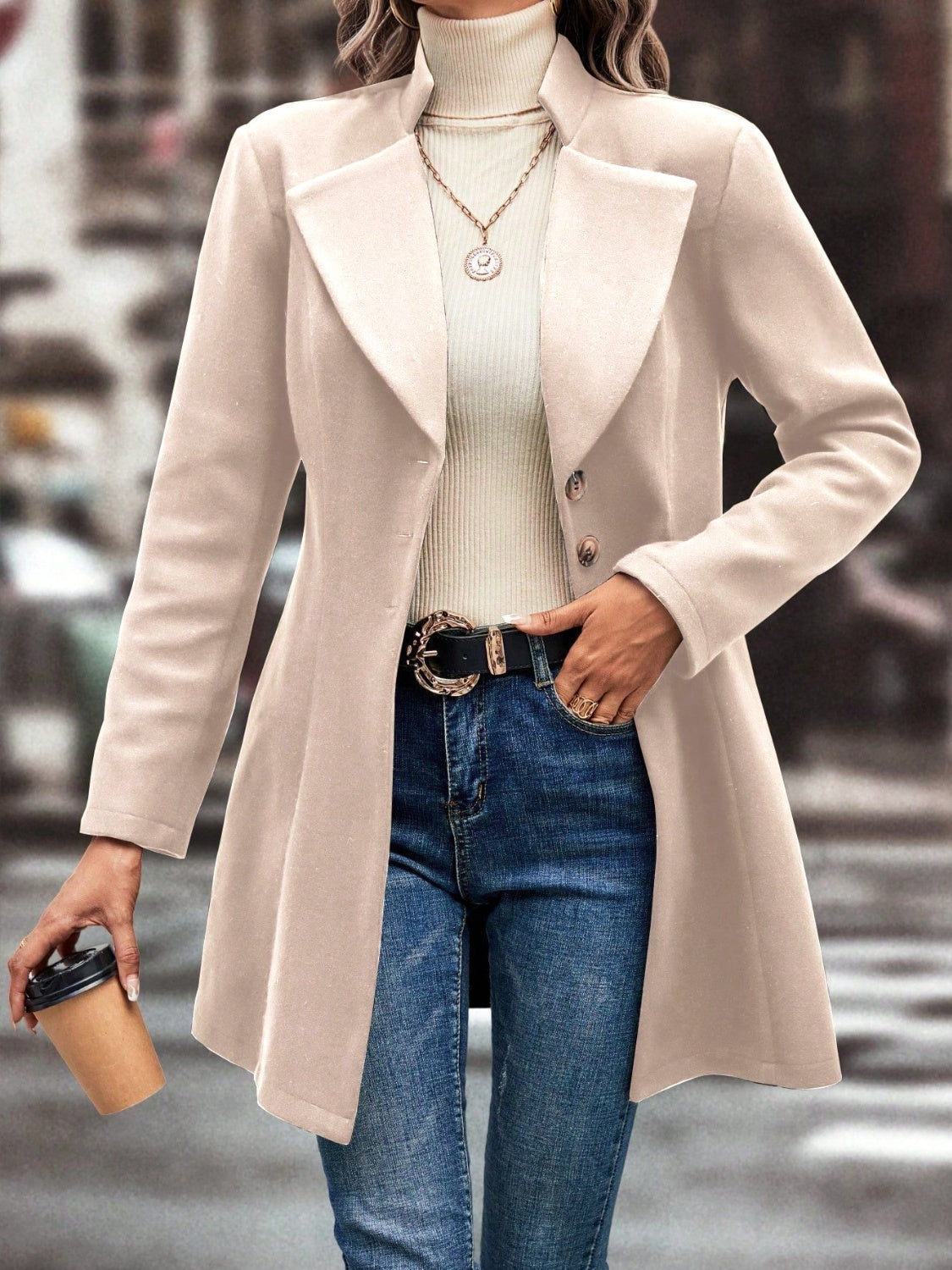 Collared Neck Long Sleeve Longline Coat - Carri's Cache