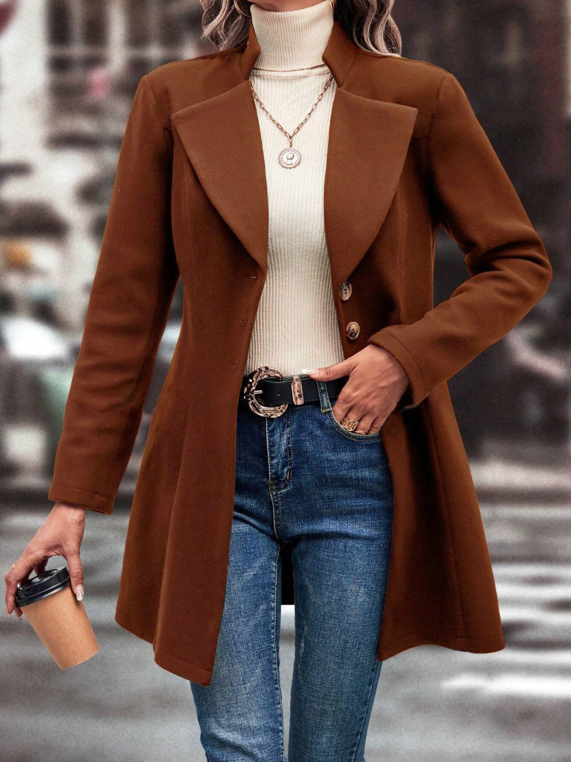 Collared Neck Long Sleeve Longline Coat - Carri's Cache