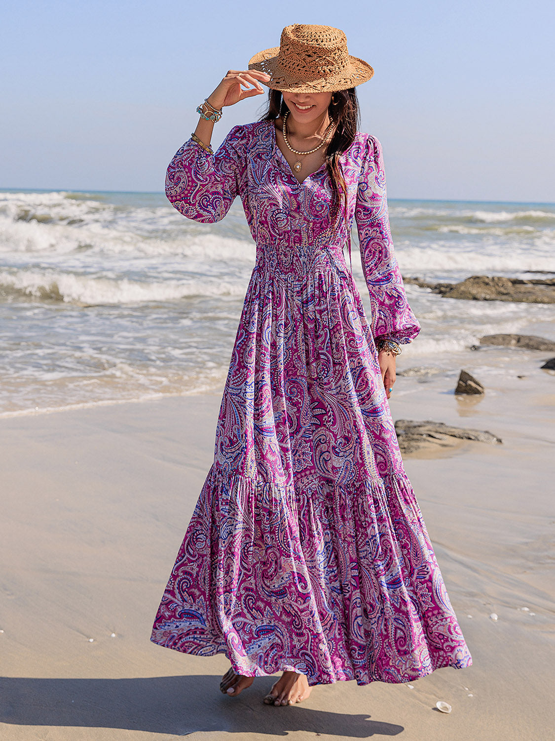 Printed Tie Neck Balloon Sleeve Maxi Dress - Carri's Cache