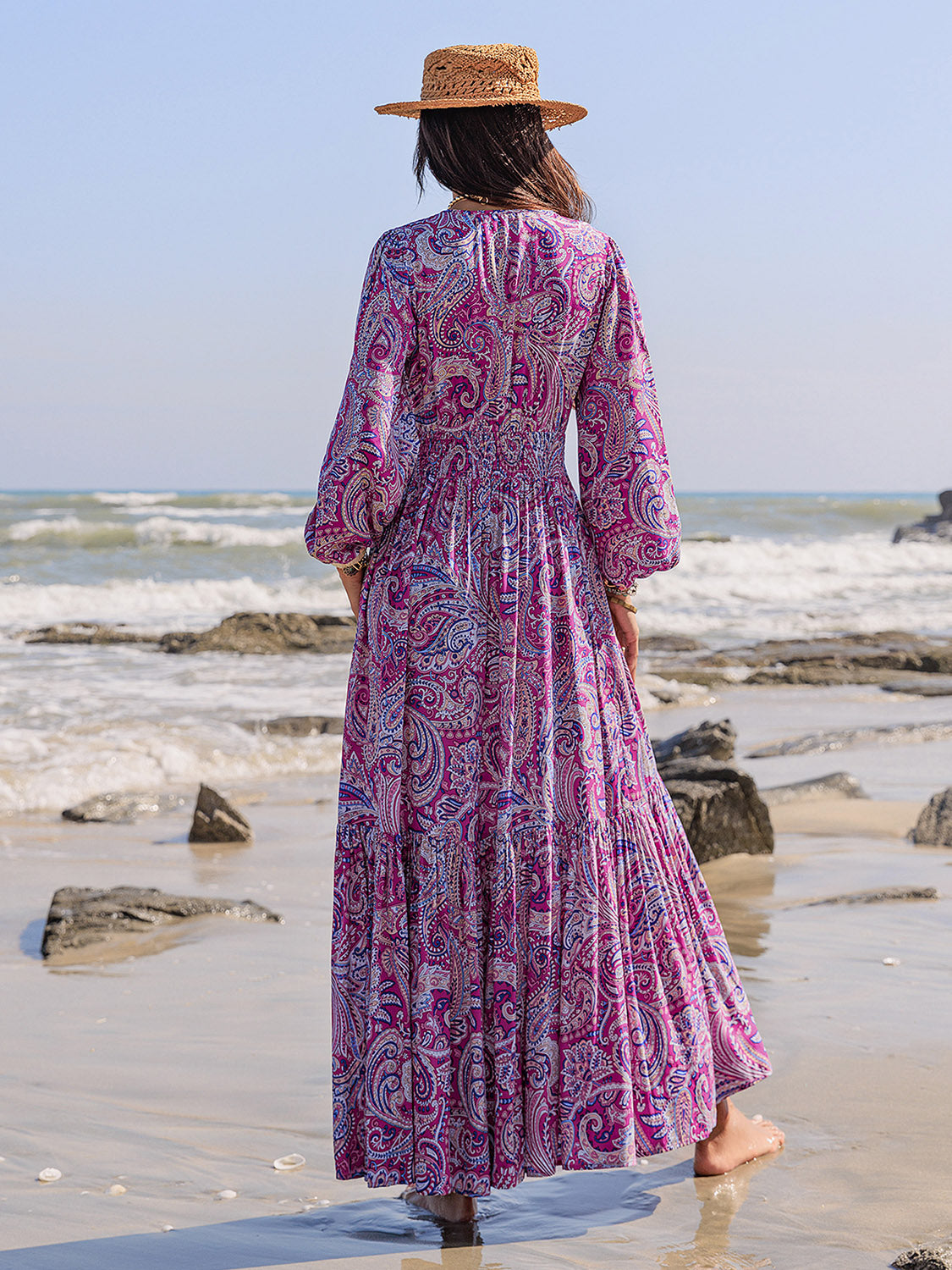 Printed Tie Neck Balloon Sleeve Maxi Dress - Carri's Cache