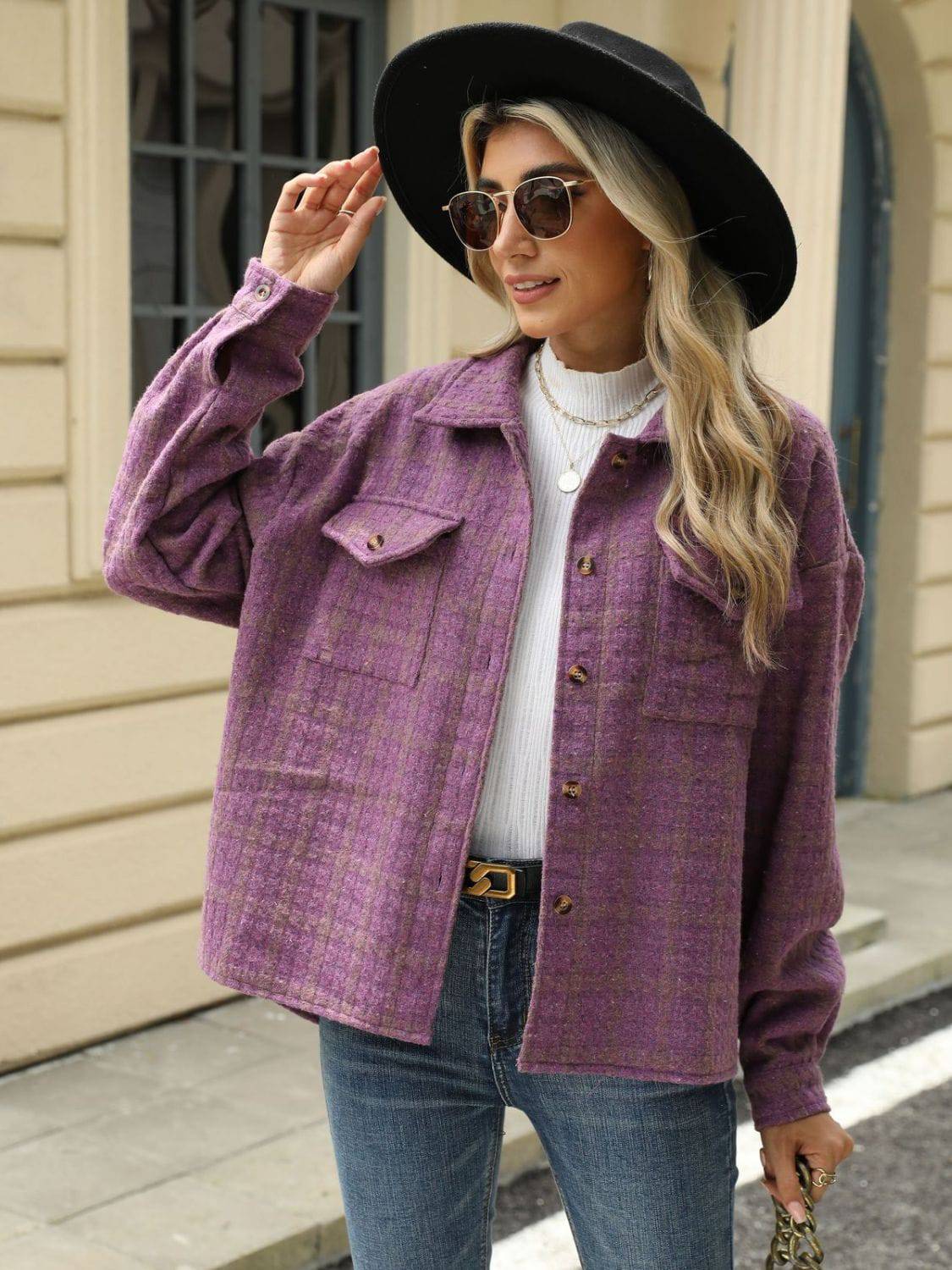 Plaid Collared Neck Long Sleeve Jacket - Carri's Cache