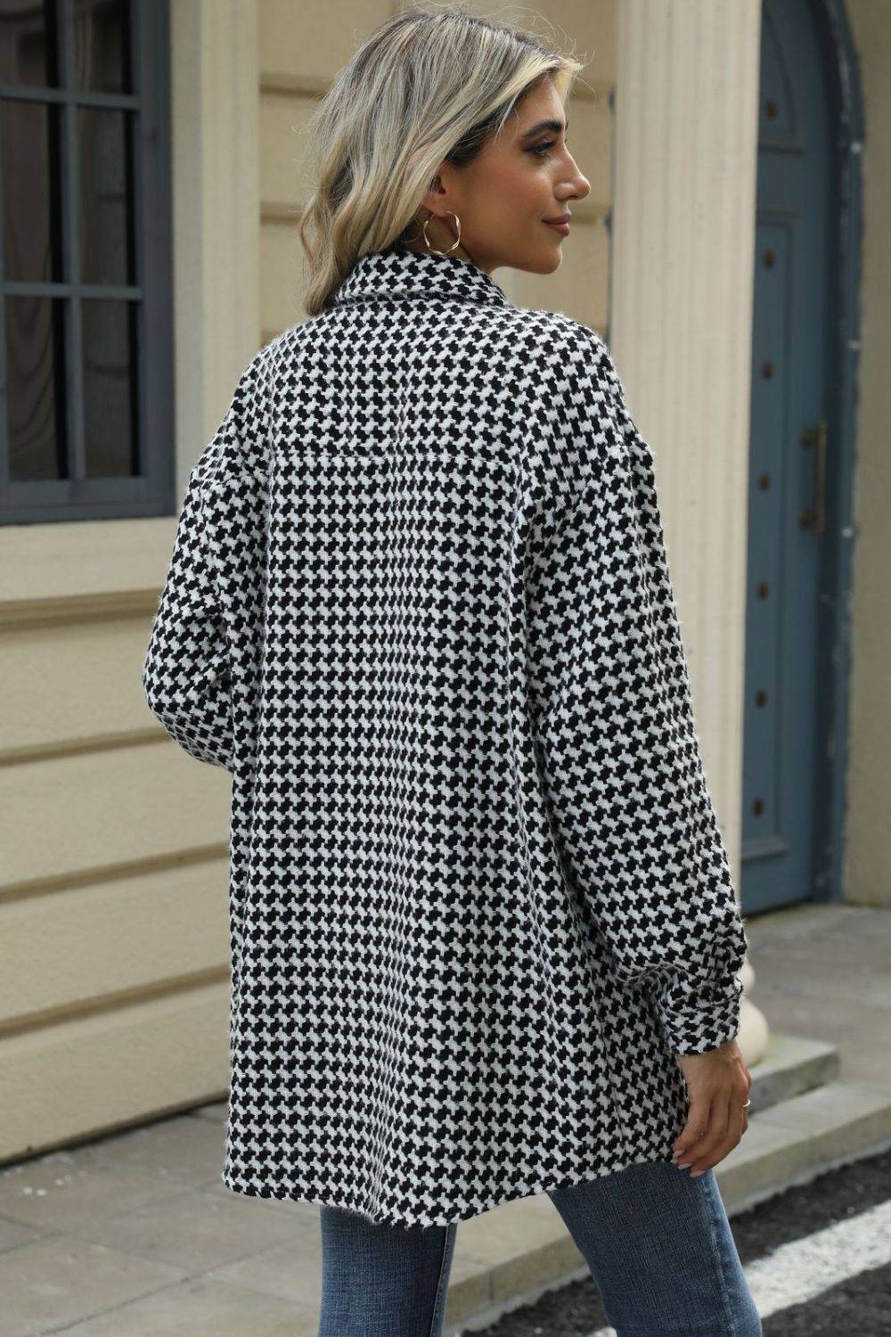 Houndstooth Button Up Dropped Shoulder Coat - Carri's Cache