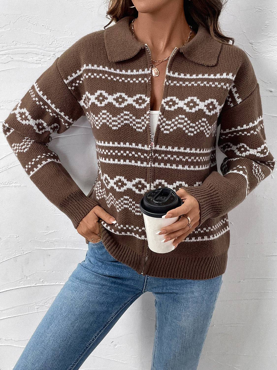 Perfee Geometric Zip Up Collared Neck Long Sleeve Cardigan - Carri's Cache