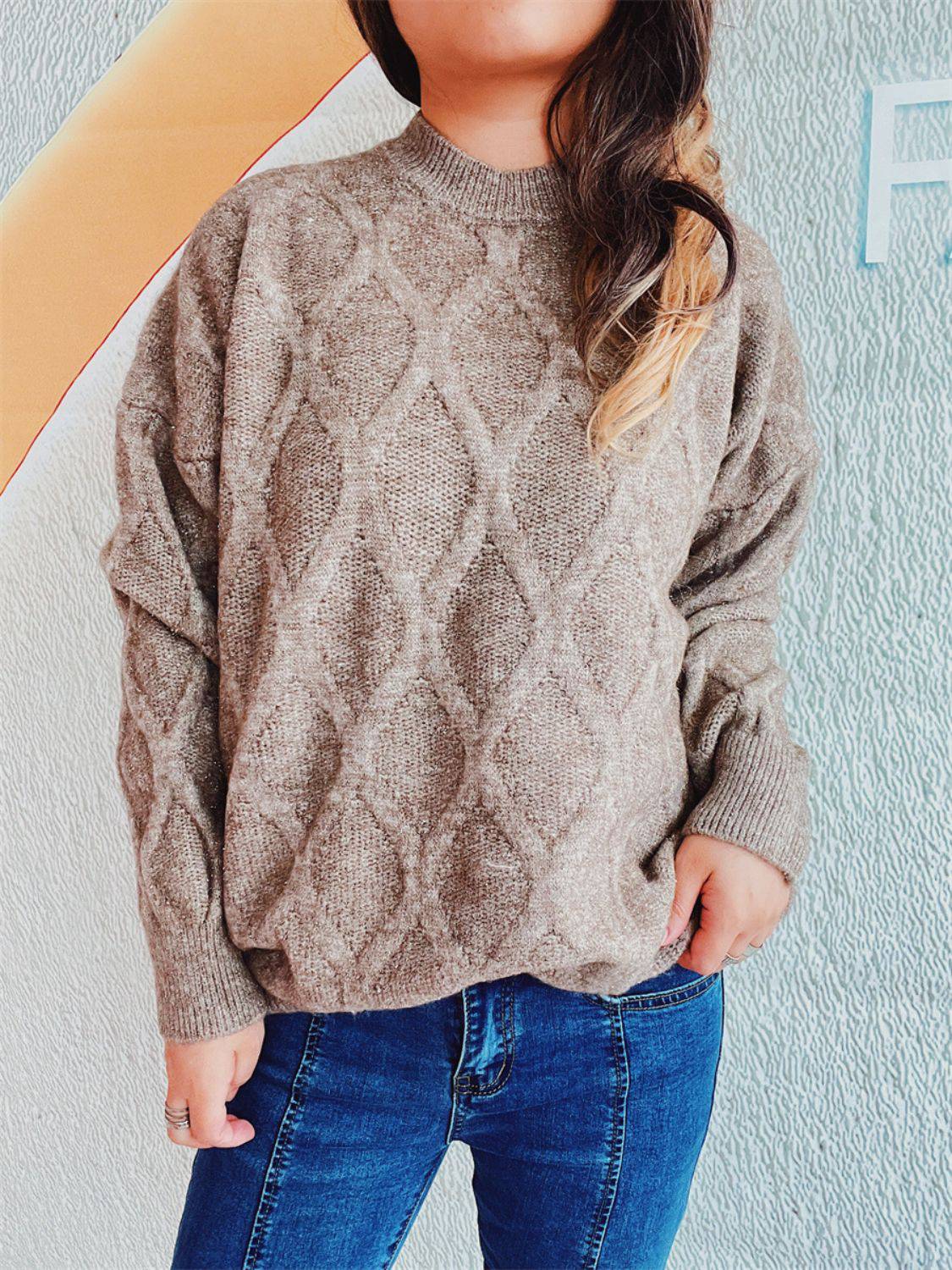 Diamond Round Neck Long Sleeve Sweater - Carri's Cache