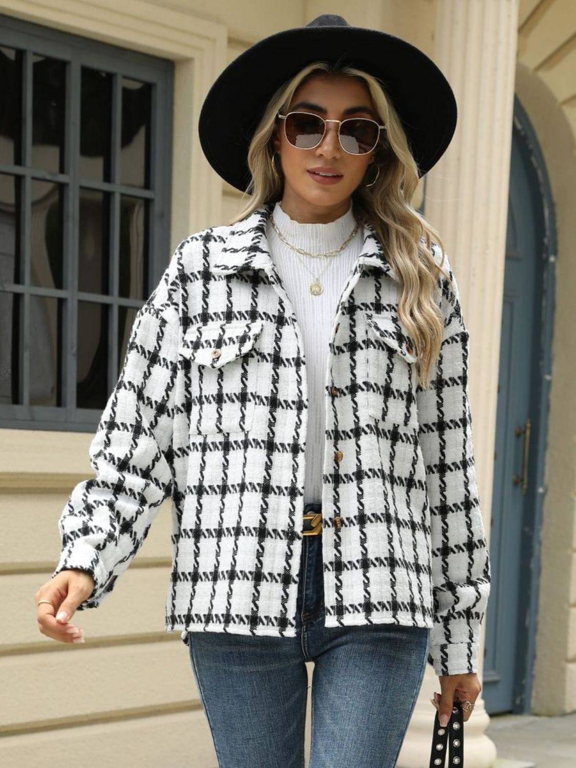 Plaid Collared Neck Long Sleeve Jacket - Carri's Cache