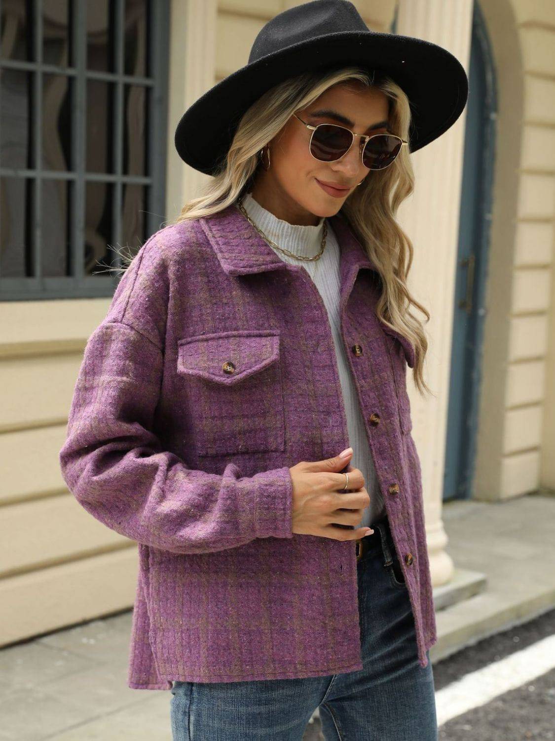 Plaid Collared Neck Long Sleeve Jacket - Carri's Cache