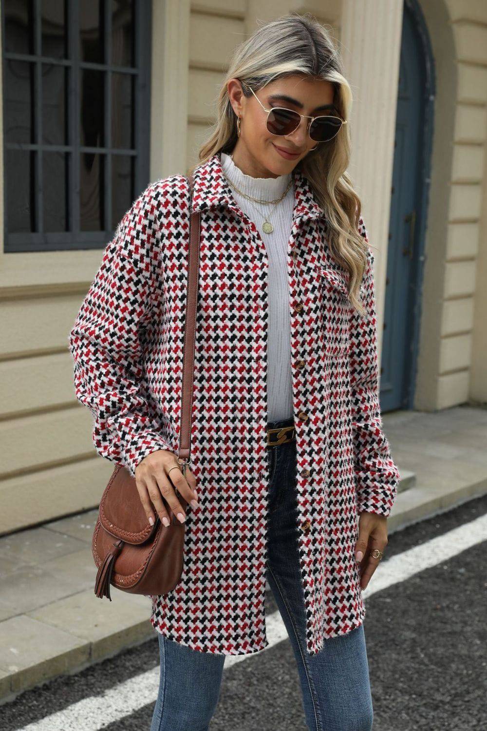Houndstooth Button Up Dropped Shoulder Coat - Carri's Cache
