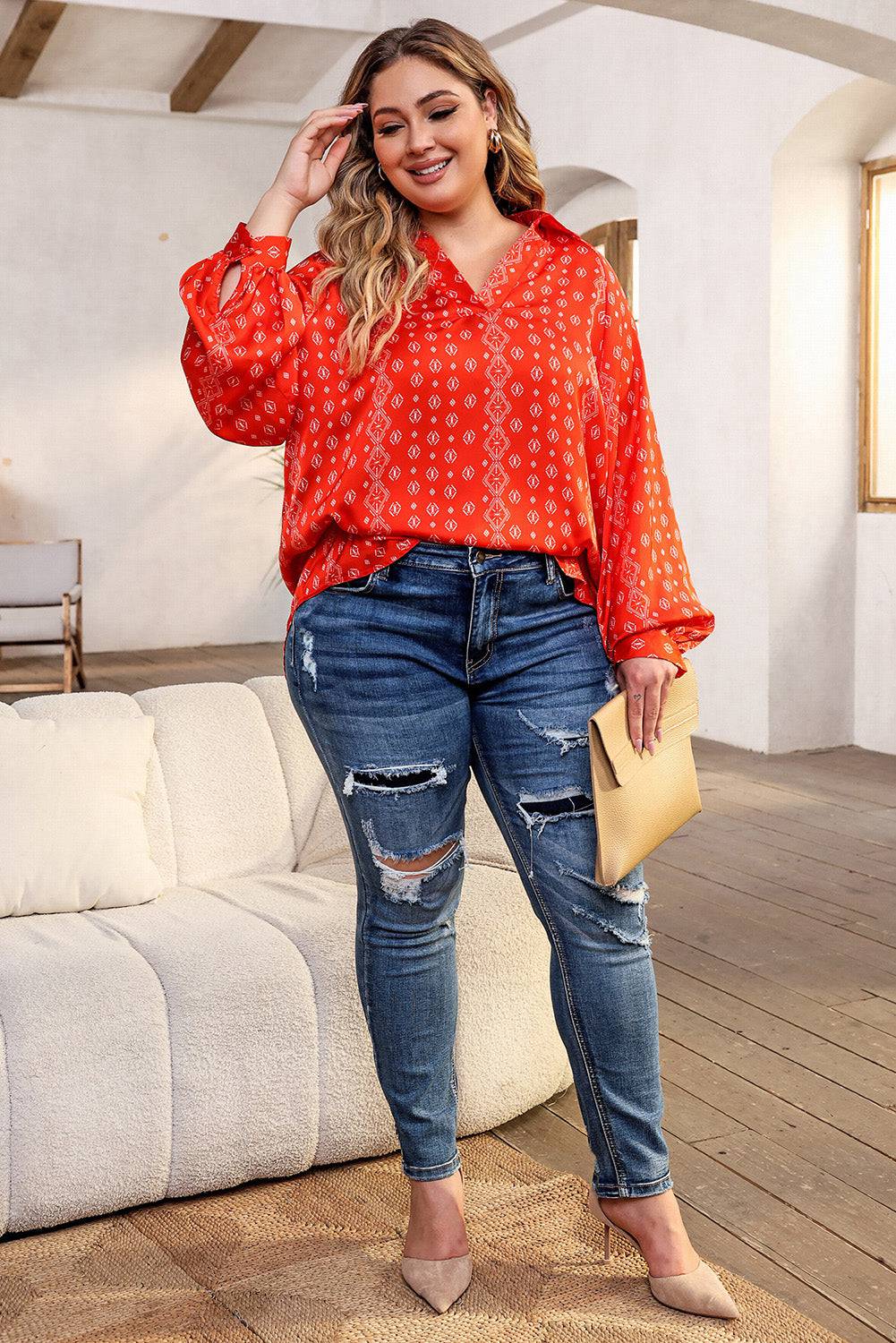 Plus Size Printed Johnny Collar Long Sleeve Blouse - Carri's Cache