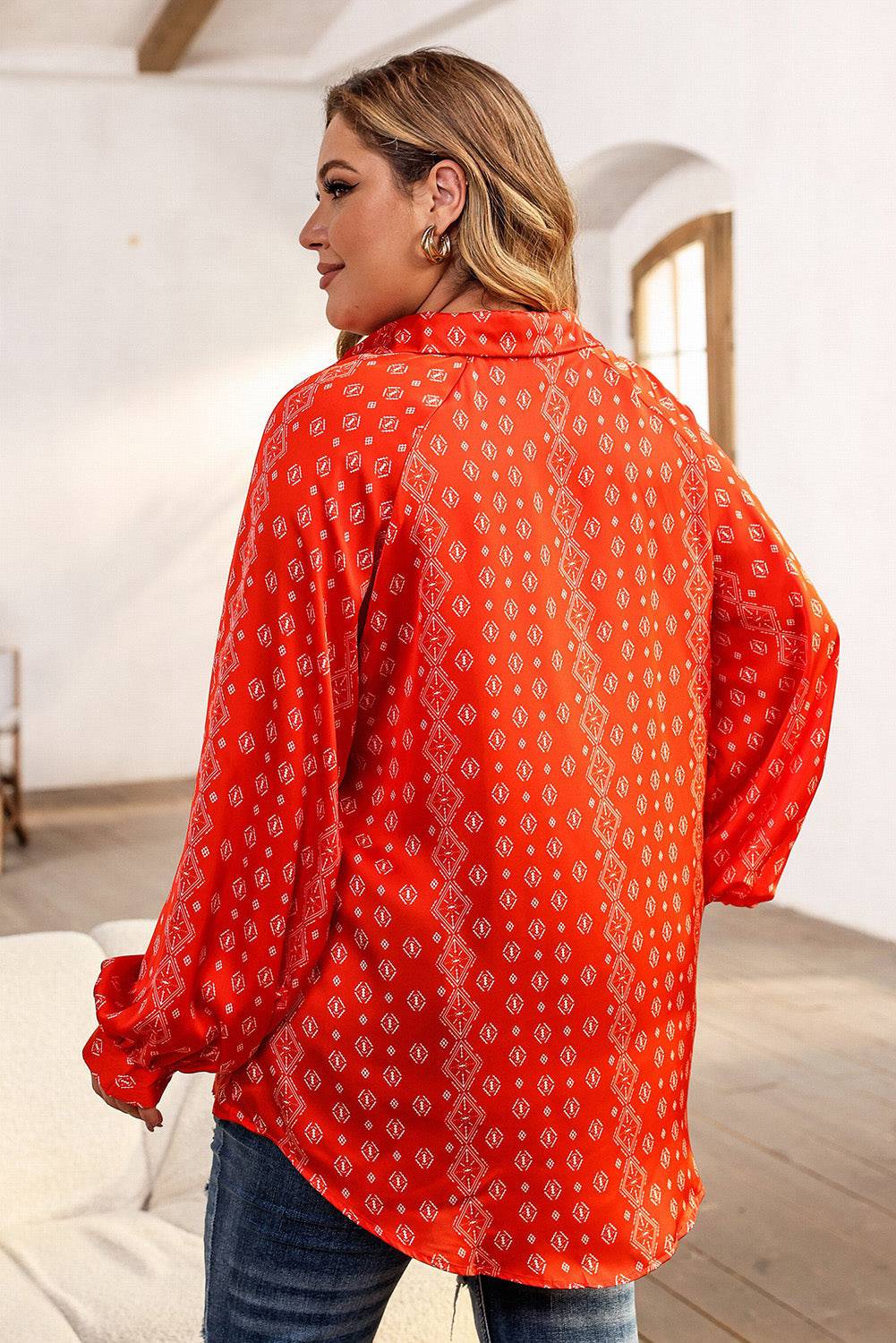 Plus Size Printed Johnny Collar Long Sleeve Blouse - Carri's Cache