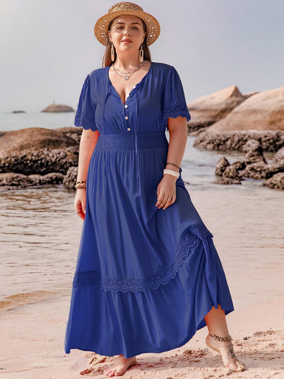 Plus Size Lace Detail Tie Neck Short Sleeve Maxi Dress - Carri's Cache