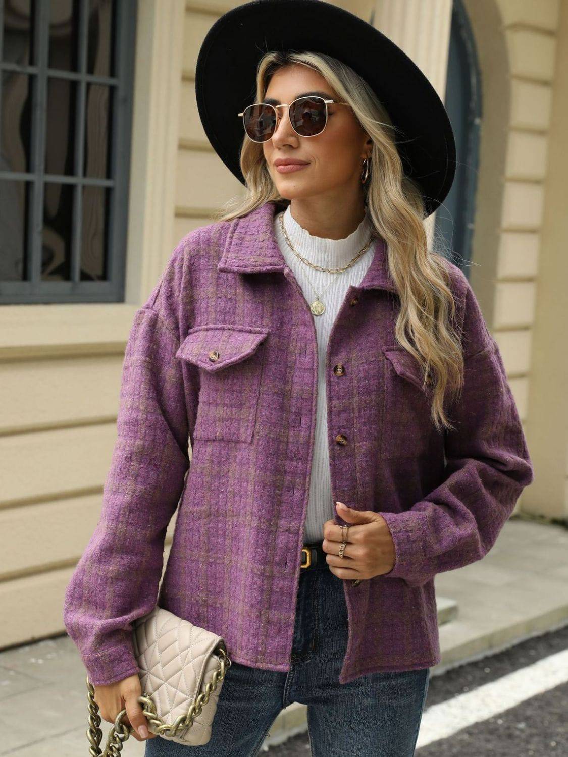 Plaid Collared Neck Long Sleeve Jacket - Carri's Cache
