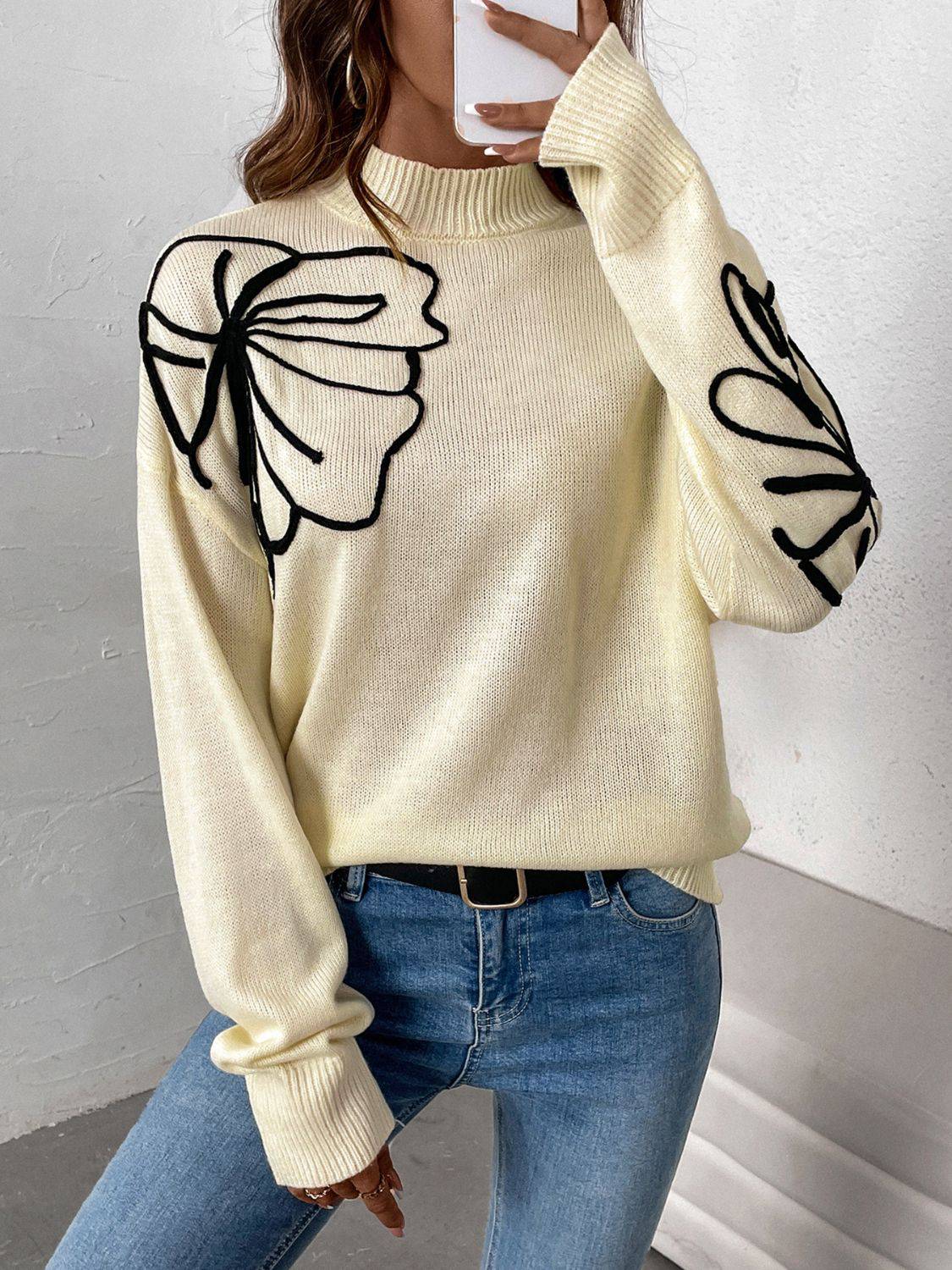 Perfee Mock Neck Dropped Shoulder Long Sleeve Sweater - Carri's Cache