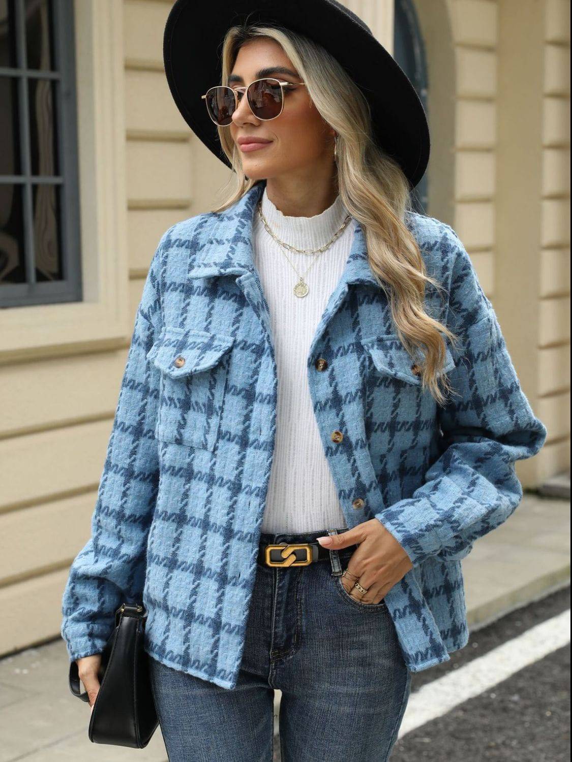 Plaid Collared Neck Long Sleeve Jacket - Carri's Cache