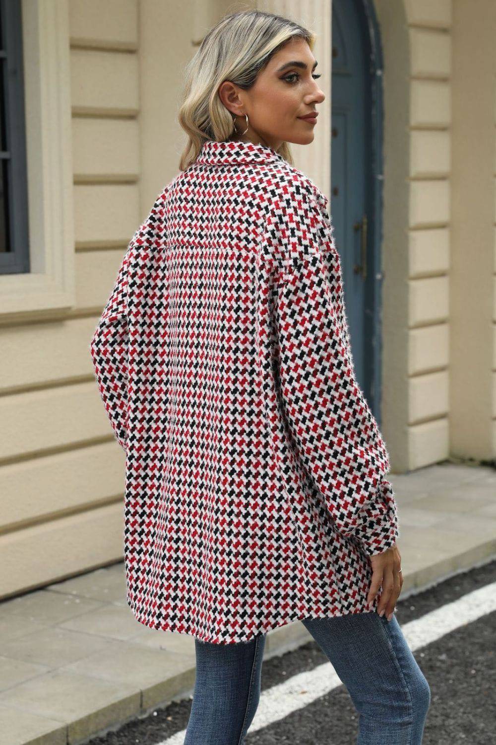 Houndstooth Button Up Dropped Shoulder Coat - Carri's Cache