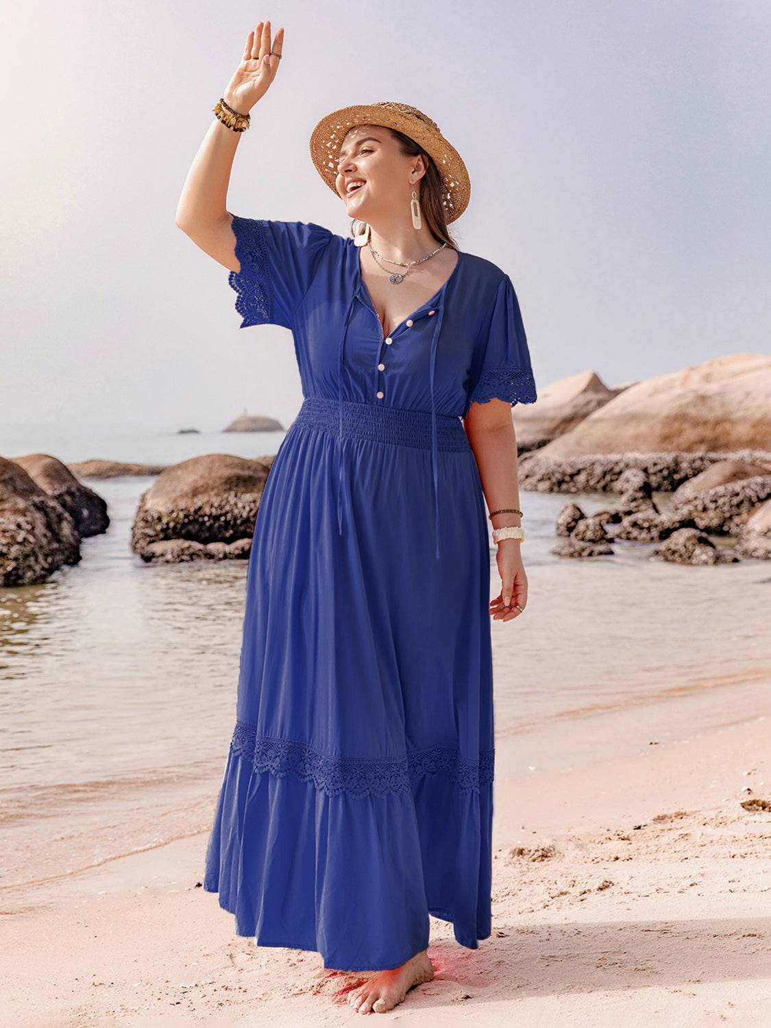 Plus Size Lace Detail Tie Neck Short Sleeve Maxi Dress - Carri's Cache