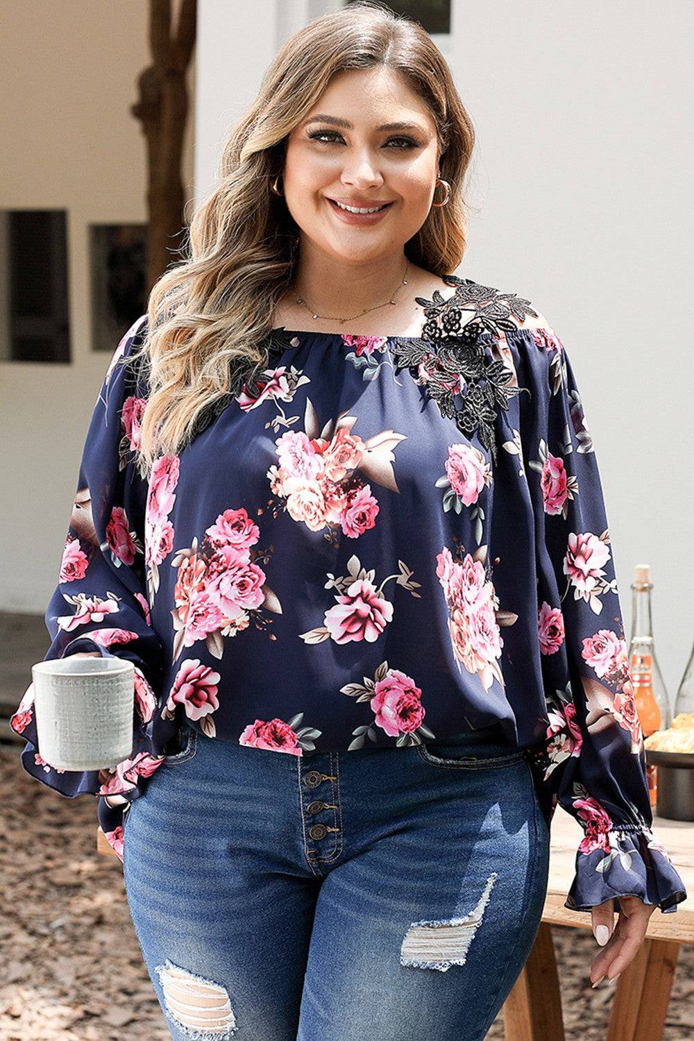 Plus Size Floral Flounce Sleeve Blouse - Carri's Cache